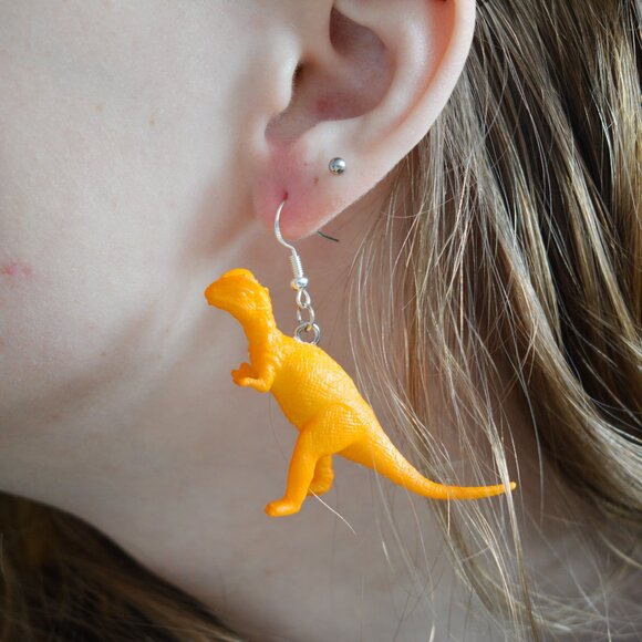 Orange Velociraptor Dinosaur Statement Earrings - Picture 3 of 4